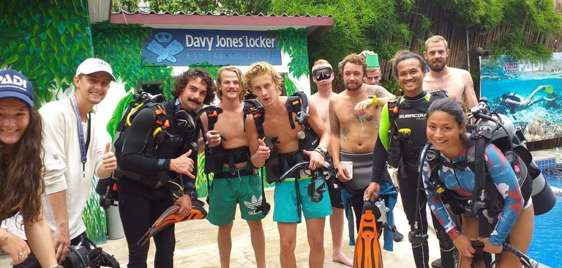 djl diving divemaster students training by the pool , koh tao, thailand